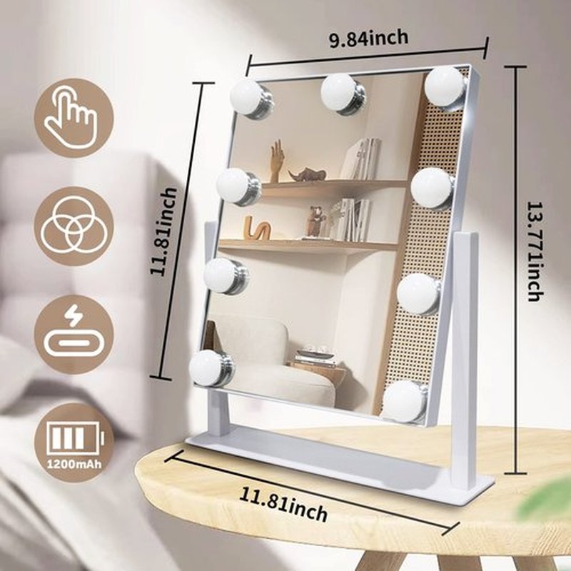 SLIMOON Hollywood Vanity Mirror with Lights, 9 Dimmable LED Bulbs Lighted Makeup Mirror with Detachable 10X Magnification Mirror, 1200mAh Rechargeable, 3 Color Lights, Touch Control