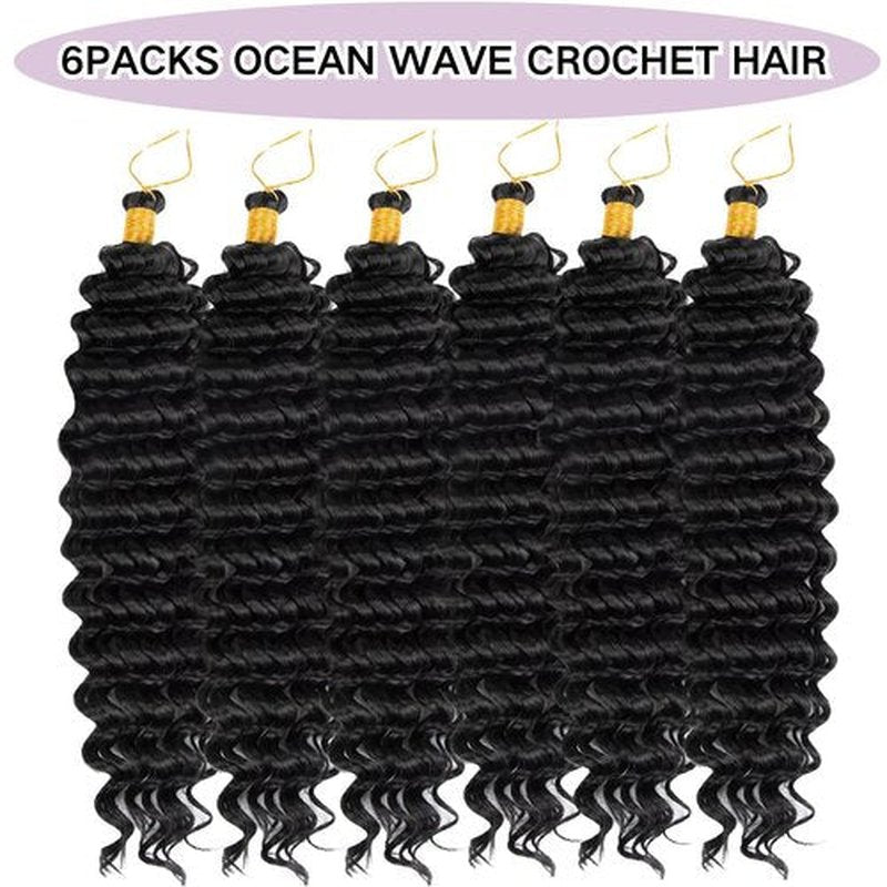 Deep Wave Crochet Hair 24 Inch 6 Packs Ocean Wave Curly Crochet Hair For Black Women Deep Wave Braiding Hair Extensions For For Boho Box Braids (1B, 24inch, 6pack)
