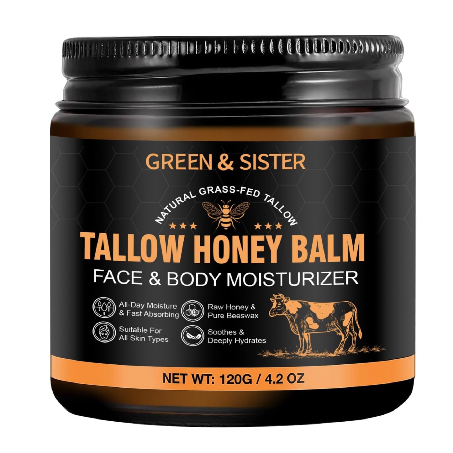 Beef Tallow for Skin & Face – Tallow Balm with Raw Honey & Beeswax, 3-Ingredient Protective Barrier Moisturizer for Eczema, Sensitive & Dry Skin – Grass-Fed, Non-Comedogenic, Fragrance-Free – 4.2 Oz