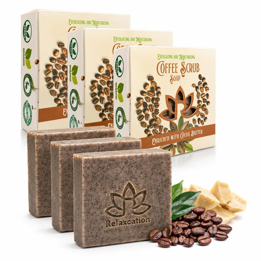 100% Handmade Coffee Scrub Soap Bar with Fresh Ground Coffee and Cocoa Butter - Cold Process Soap with Latte Aroma Oil - Good Scrubbing Effect - Perfect for Body Exfoliating and Moisturizing (3 bars)