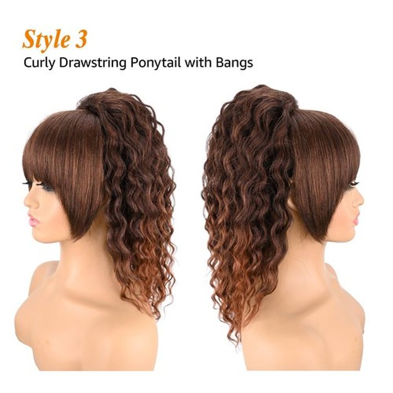 Rafabcici Ponytail Extension with Bangs,Yaki Curly Drawstring Ponytail Extension for Women 20 Inch Long Wavy Layered Pony Tails Hair Extensions Synthetic Clip in Ponytail Hairpiece for Women(T30)