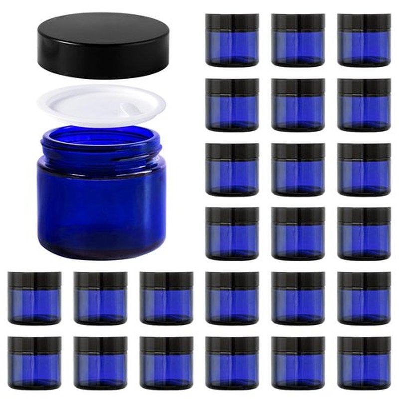 2oz Jars with Lids, Hoa Kinh 24 Pack Blue Glass Jars with Lids Empty Cosmetic Containers Round Airtight Glass Jar with Inner Liners and black Lids for Storing Lotions, Powders, and Ointments
