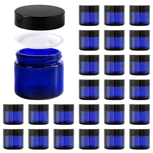 2oz Jars with Lids, Hoa Kinh 24 Pack Blue Glass Jars with Lids Empty Cosmetic Containers Round Airtight Glass Jar with Inner Liners and black Lids for Storing Lotions, Powders, and Ointments