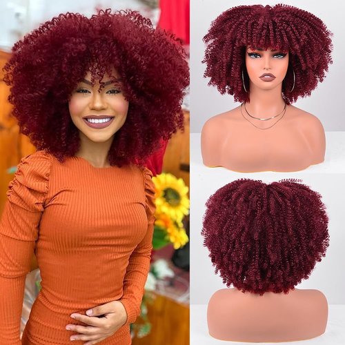 Vitorish Short Kinky Curly Wigs for Black Women 12 Inches about 280g/Piece Curly Afro Wig with Bangs Full Machine Made Wig Bouncy Fluffy Synthetic Cosplay Wig (Burgundy)