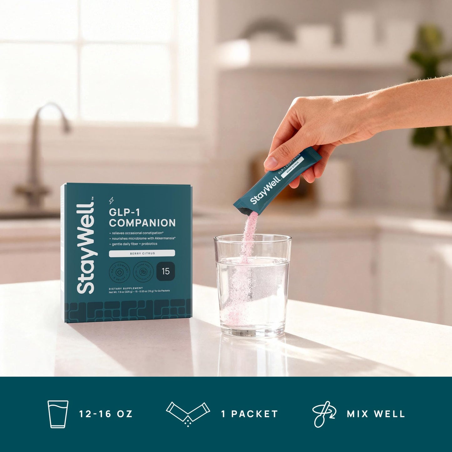 StayWell GLP-1 Support Companion | Daily Fiber, Probiotics & Botanical Supplement | Digestive Wellness Drink Mix | Raspberry Lemonade | 15 Stick Packs