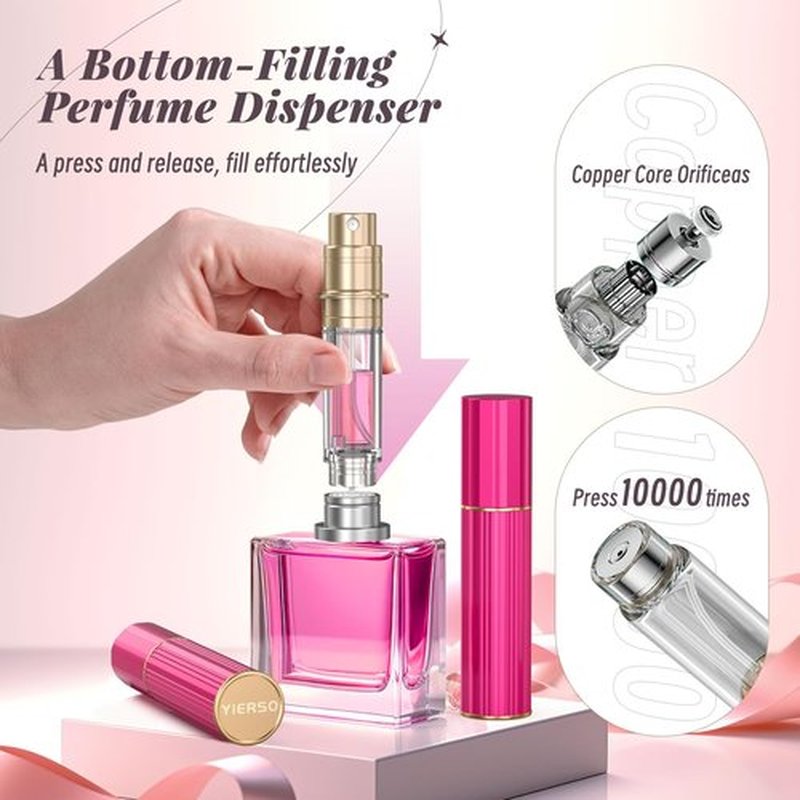 YIERSO 10ml Perfume Atomizer Travel Refillable,Bottom-Filling Fragrances Perfumes Bottle,Mini Cologne Dispenser, Portable Sprayer Pocket Size for Women Men Cruise Car Trip Gift 0.34oz (Hot pink-10ml)