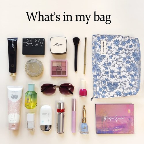 STARDW Makeup Bag for Women and Girls Travel Toiletry Bag Large Capacity Makeup Organizer Bag Flower Cosmetic Bags Zipper Pouch (Embroidery Blue)