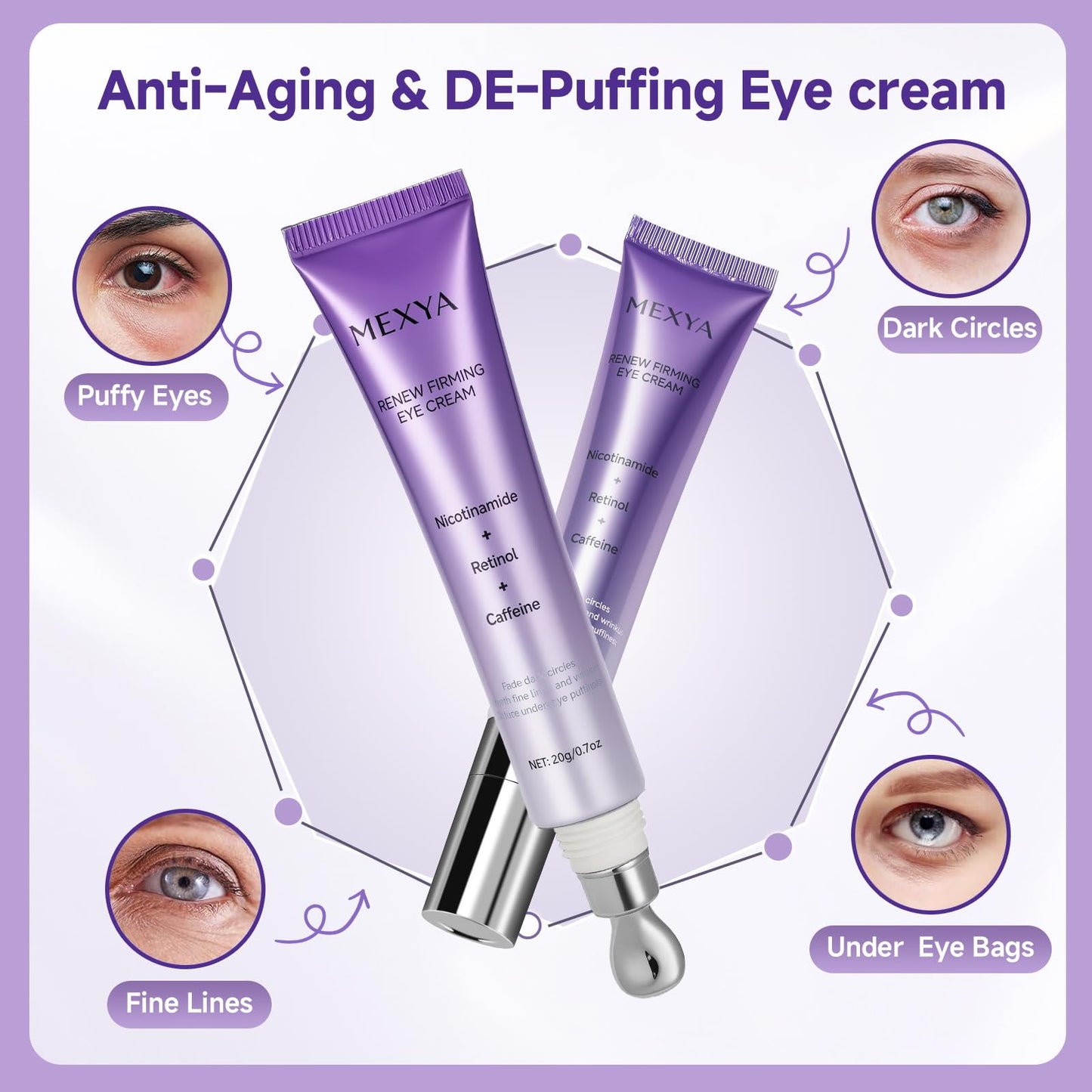 MEXYA Retinol & Caffeine Under Eye Cream for Dark Circles and Puffiness, Niacinamide Eye Brightener for Fine Lines, Under Eye Bags, Lightweight Fragrance-Free Formula, 0.7 oz