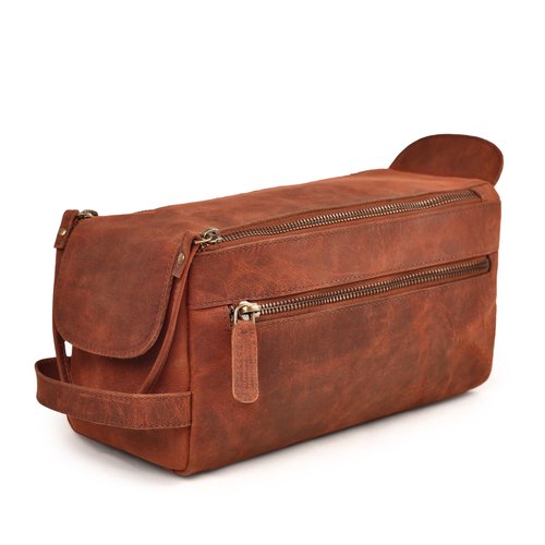 LEATHER VILLAGE Premium Leather Travel Toiletry Bag - Unisex Water-Resistant Travel Dopp Kit, Shaving & Cosmetic Organizer for Men & Women - Compact Bathroom Essentials - Red Brown