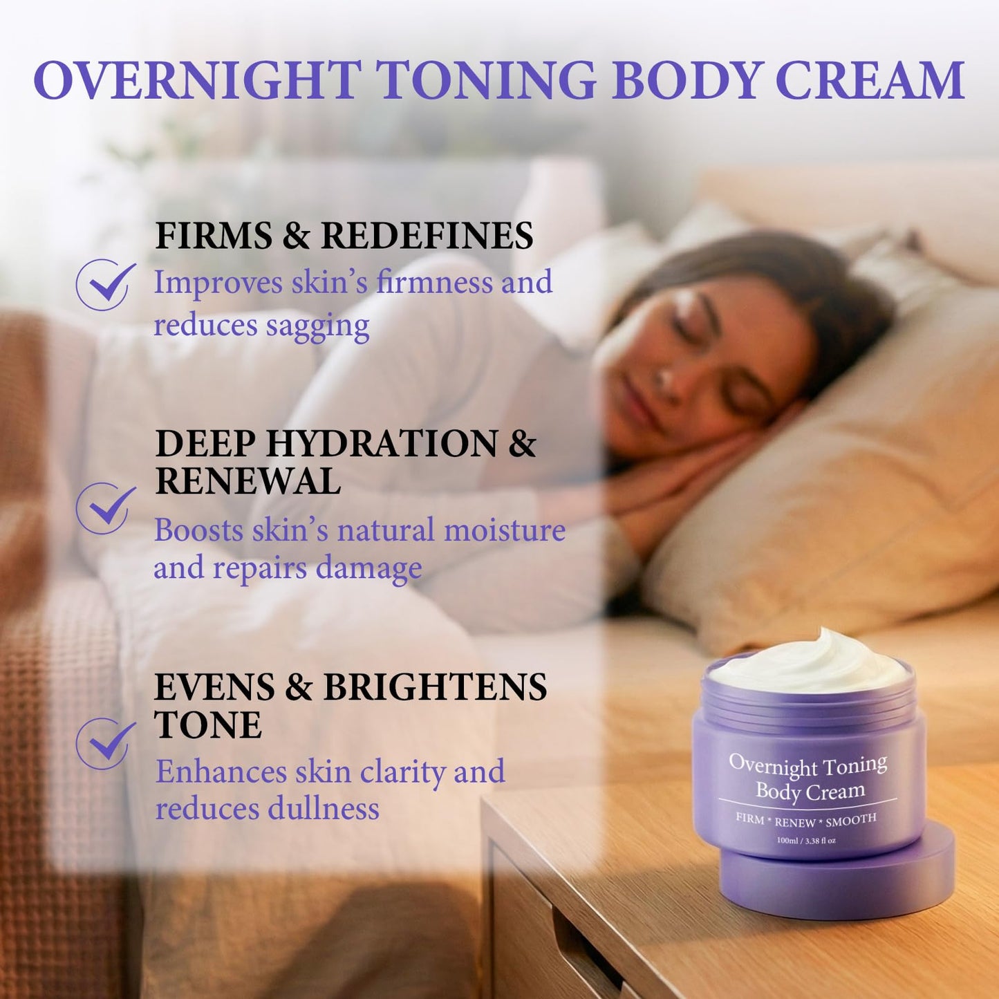 Bellisinno Overnight Toning Whip, Firming Body Cream to Help Improve the Appearance of Loose Skin and Uneven Texture on Belly, Booty, Arms and Thighs, Hydrating Whipped Formula, 3.38 Fl Oz