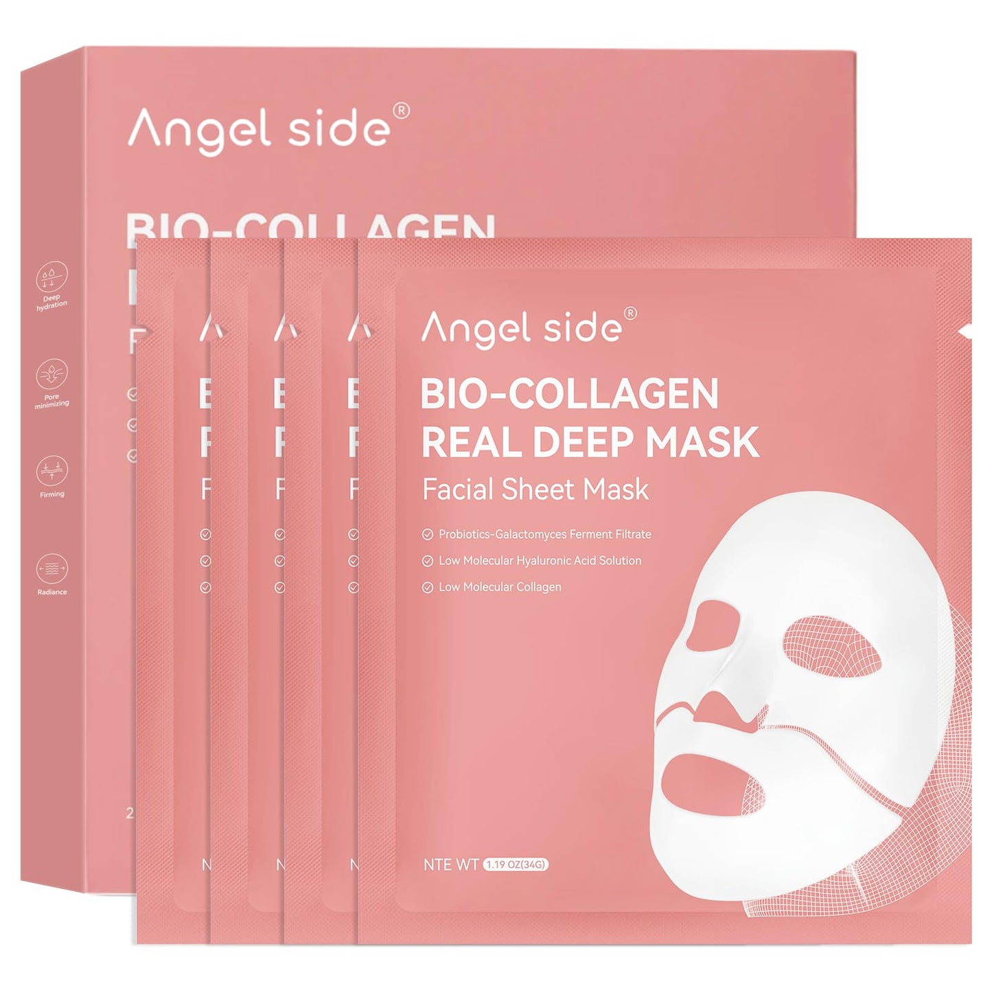 Angel Side Collagen Face Mask Skincare, Hydrating & Firming Hydrogel Face Masks, Elasticity Boosting Collagen Mask for All Skin Types, Skin Care Essentials 34g x 8 Sheets