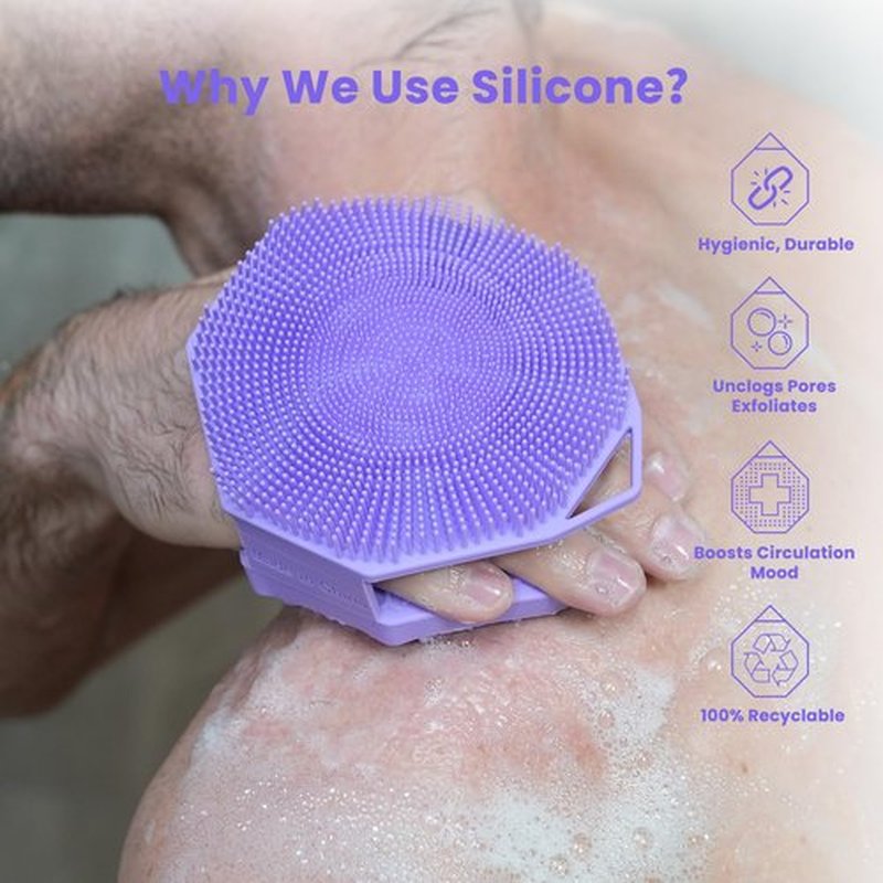 iTokGoK® Silver-Infused 2-in-1 Silicone Body Scrubber, Double-Sided Design Body Brush Silicone Body Scrubber Exfoliating Body Brushes for All Skin for Showering, Lathers Well - Purple