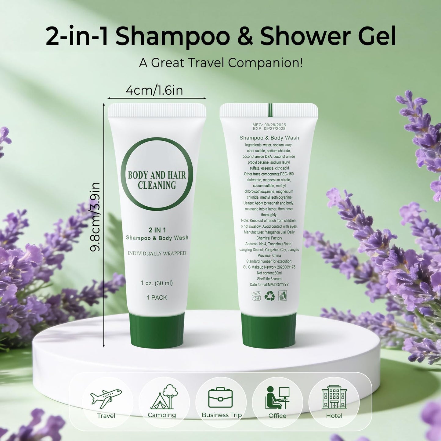 Travel Size 2-in-1 Shampoo and Body Wash Bulk, Individually Wrapped Trial Mini Shampoo and Shower Gel, Small Men Women Cleansing Toiletries Amenities for Hotel/ Vacation/ Homeless 1 oz (Pack of 10)