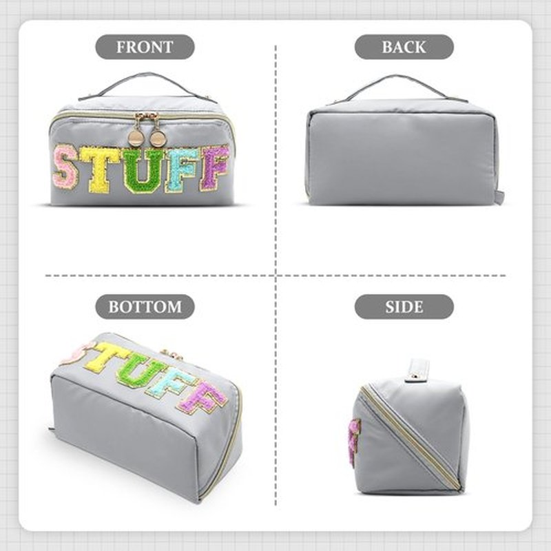LONEDREAM Stoney Clover Preppy Makeup Bag, Large Capacity Travel Cosmetic Bag, Chenille Letter Open Flat Nylon Stuff Makeup Bag, Preppy Patch Better Belt Everything Makeup Bag(Grey)