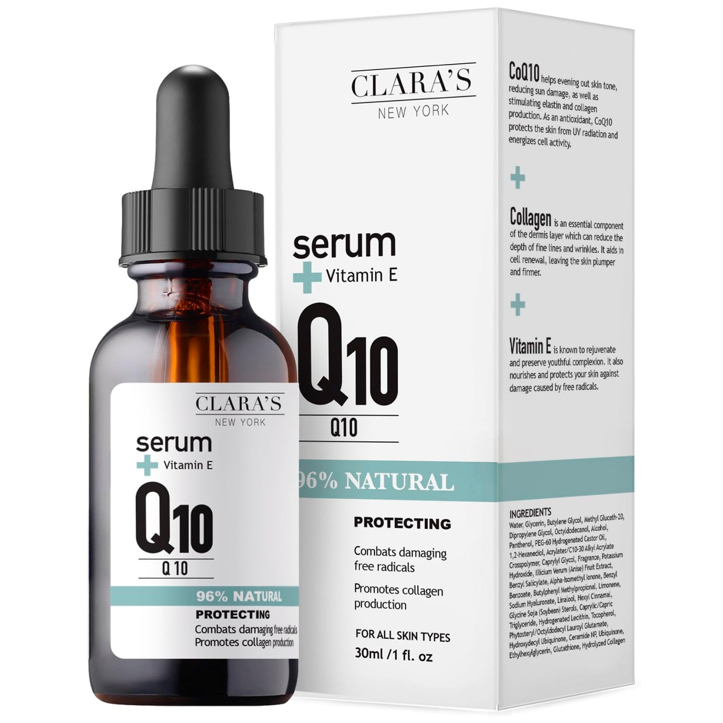 CLARA'S NEW YORK Q10 Facial Serum with Vitamin E – Hydrating, Brightening & Skin-Supportive – 30ml / 1 Fl Oz – Made in USA