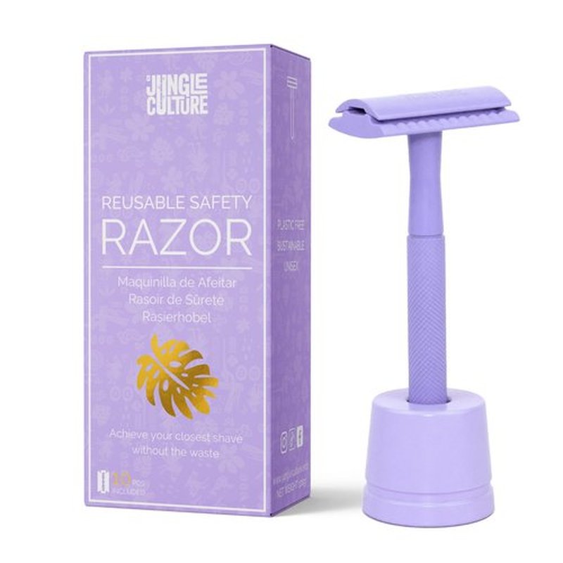 Jungle Culture Safety Razor & Stand with 10 Double Edge Blades • Single Blade Metal Razors for Women & Men for Body & Face • Eco Friendly & Reusable Shaver • Lilac