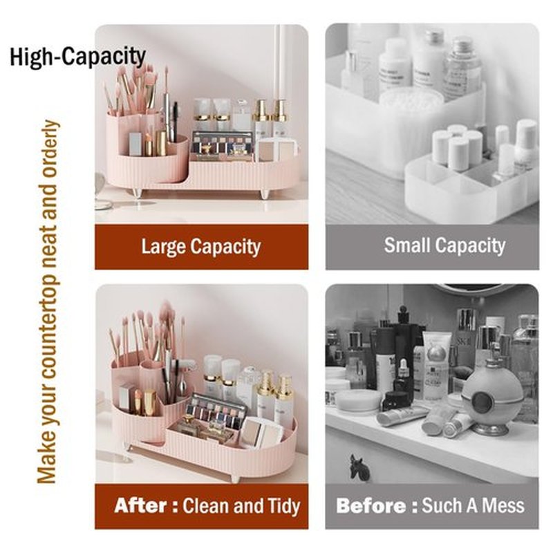 Makeup Organizer Countertop Rotating Makeup Organizer for Vanity Large Capacity Cosmetic Display Case with Makeup Brush Holder Cosmetic Organizer Countertop（Pink）
