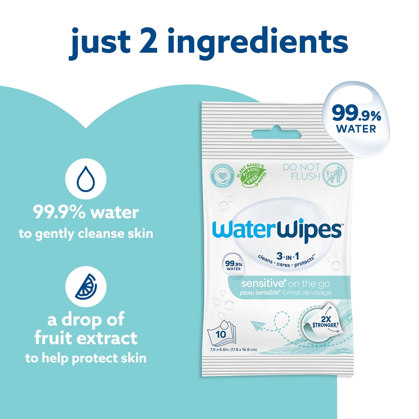 WaterWipes Sensitive+ On The Go Wipes, 3-In-1 Cleans, Cares, Protects, 99.9% Water, Unscented & Hypoallergenic Wet Wipes, 100 Count (10 Packs)