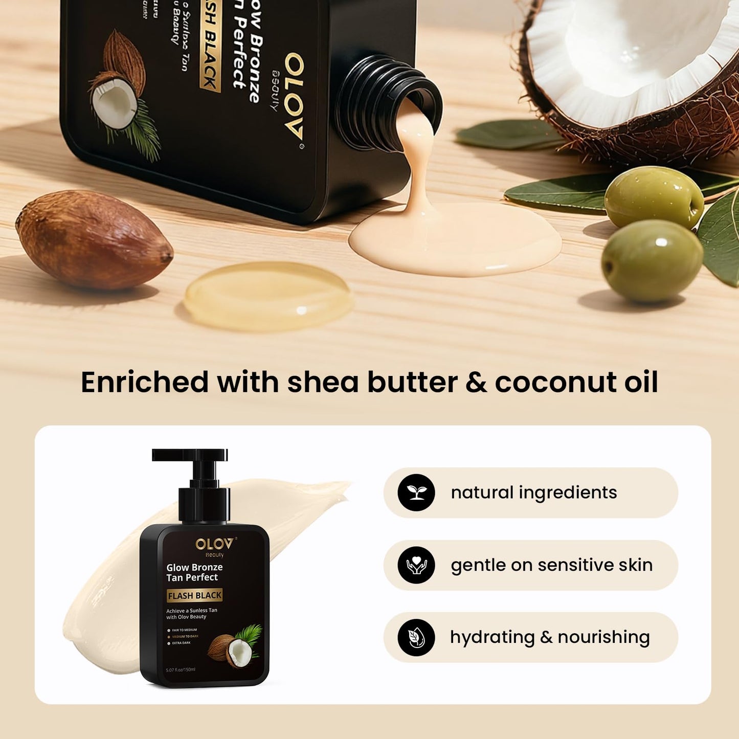 OLOV BEAUTY Self Tanning Lotion -Sunless Tanner with Shea Butter and Coconut Oil Natural Ingredients for Sensitive Skin Moisturising Fake Tan Customisable Medium to Dark (5 fl oz)