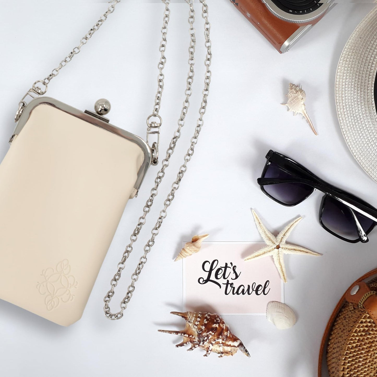 BORSALI Double Eyeglass Case for Women- Small Vegan Leather Crossbody Phone Bag - Soft Versatile Sunglass & Cell Phone Purse in one -Crossbody Chain Incl. (Cream)
