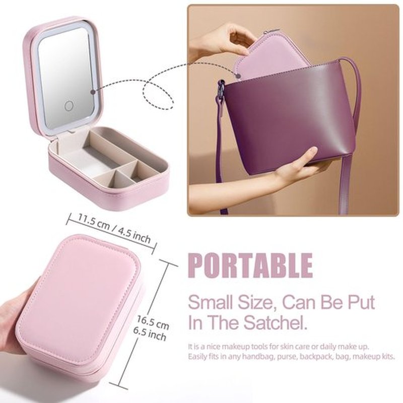 BS-MALL Travel Cosmetic Mirror Case LED Makeup Mirror Storage Case for Eyelash Station Makeup Brushes Cosmetic Tools Pink On-the-go Makeup Needs (Pink)