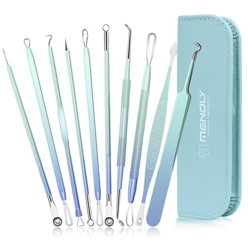 Pimple Extractor Pimple Popper Tool Kit, MENOLY 10Pcs Blackhead Remover Tools, Acne Tools, Acne Kit for Blackhead,Blemish,Zit Removing, Whitehead Popping and Comedone Extractor Tool with Leather Bag