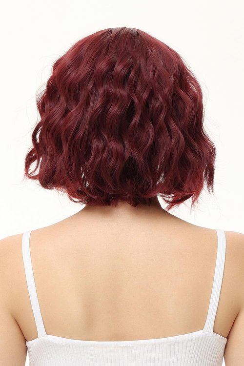 Rose bud Wavy Bob Wig with Bangs Natural Wine Red Wig Synthetic Hair Shoulder Length Short Curly Wigs for Women