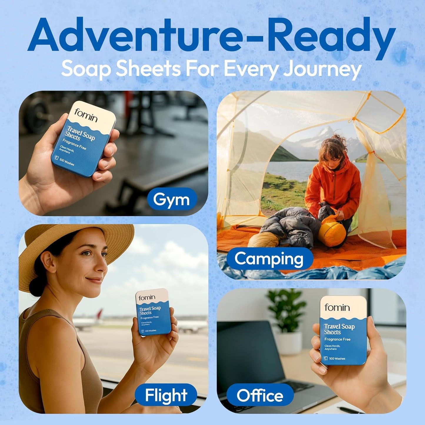 FOMIN - Paper Soap Sheets for Traveling - 300 Unscented Portable Hand Soap Sheets for Travel in Tin - Dissolvable Mini Portable Travel Soap Sheet for Hand Washing, Camping and Hiking