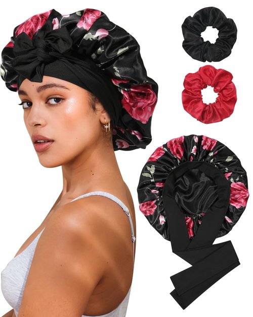 Reversible Satin Bonnet for Sleeping Women Silk Bonnet Double Layer Hair Bonnet with 2PCS Hair Scrunchies Elastic Tie Band Night Cap Hair Wrap for Natural Curly Hair (Black Flower + Black)