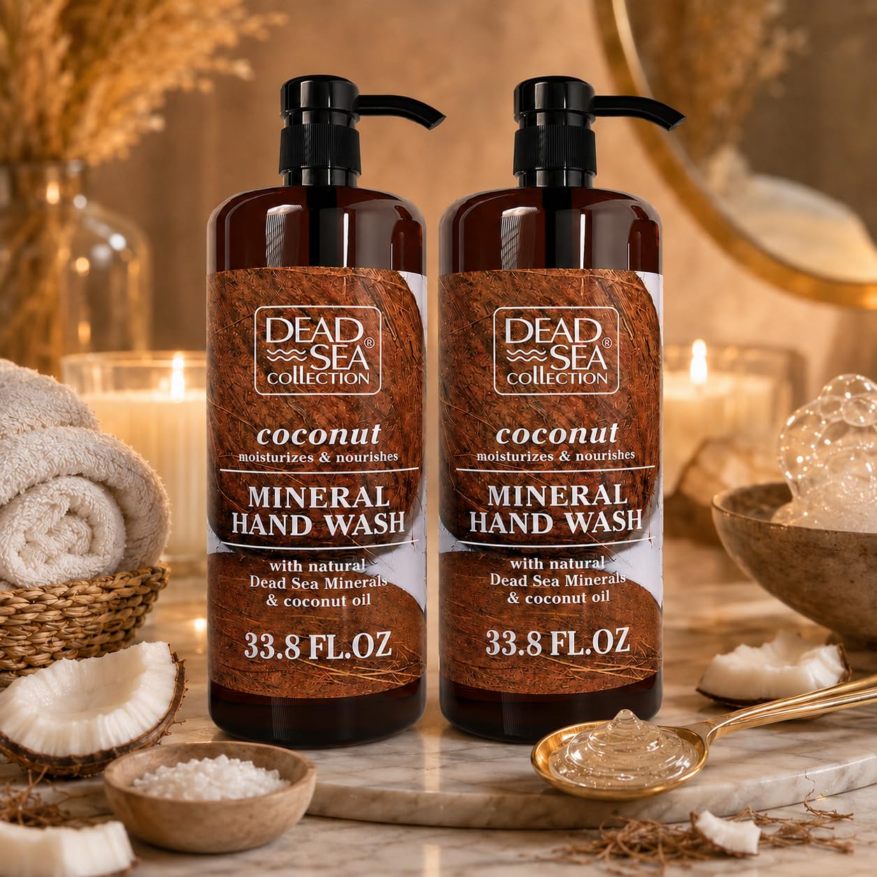 Dead Sea Collection Hand Soap Pump Coconut - Hand Wash Liquid with Dead Sea Minerals and Coconut Oil - All Skin Types Moisturizing & Nourishing - Pack of 2 (33.8 Fl Oz Each) - 67.6 Fl Oz