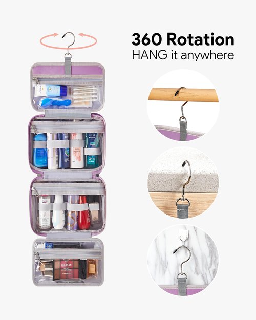 OlarHike Travel Toiletry Hanging Bag Waterproof, Makeup bag, Toiletries, Jewelry, Travel Essentials 3 in 1 Packing Organizers, Cosmetic Travel-Sized Container, Medium for Women Light Purple