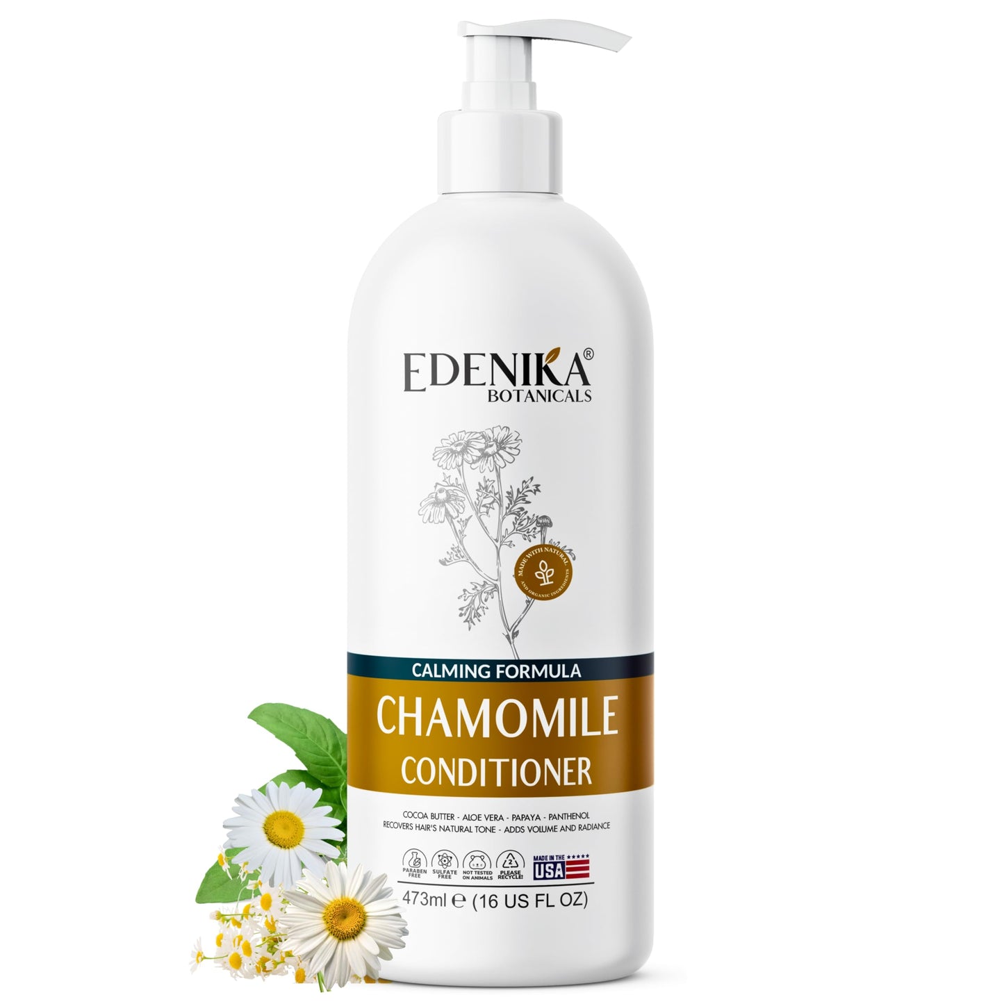 Edenika Botanicals Chamomile Conditioner with Cocoa Butter, Aloe Vera & Papaya, 16 fl oz, Calming & Volumizing Formula, Vegan, Sulfate-Free, Paraben-Free, for All Hair Types