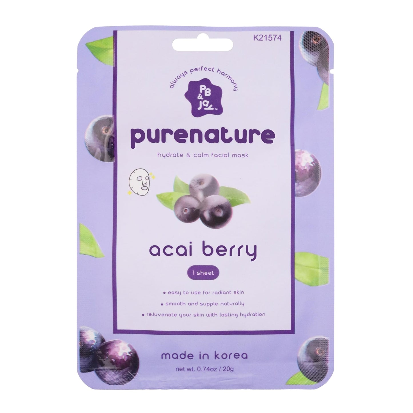 PB & JAY Acai Berry Sheet Mask | Korean Face Mask (1 Count)