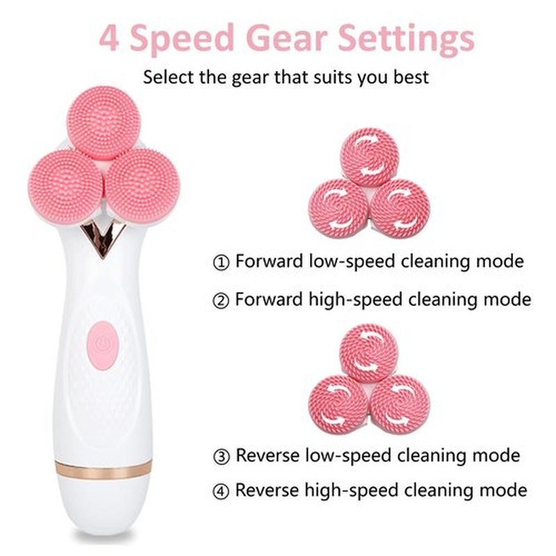 Facial Cleansing Brush, 3 in 1 Face Scrubber Rechargable Waterproof Electric Spin Cleanser with 3 Brush Heads, Electric Face Wash Brush for Exfoliating, Deep Cleansing and Massaging (Pink)