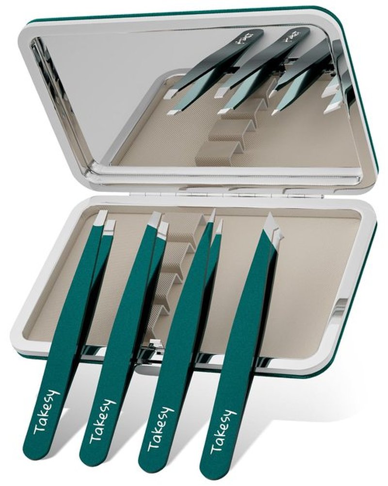 Stainless Steel Tweezers for Facial Hair Chin Hair and Eyebrows Plucker with Mirror Case (Green)