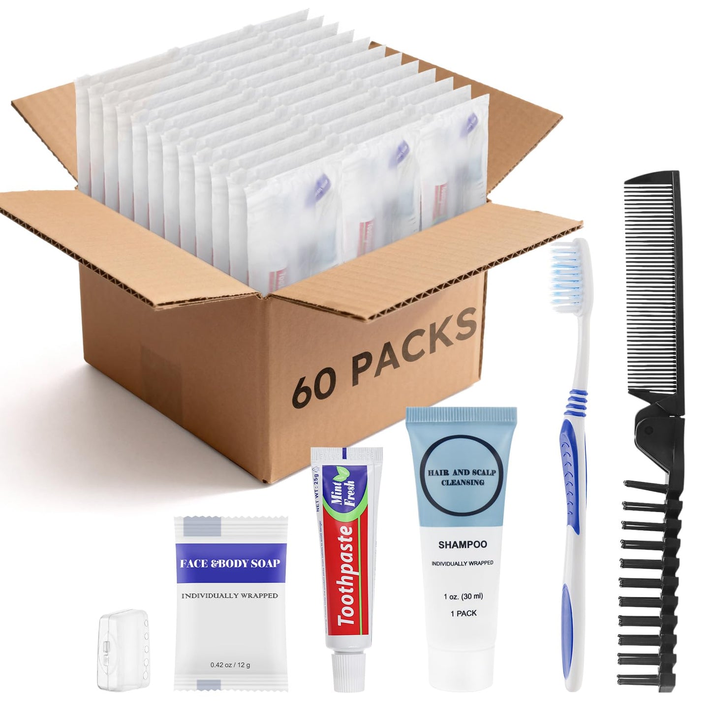 Zhjianup Travel Toiletries Supplies Kits Disposable Toiletry Amenities Set in Bulk, Hygiene Trial Size Personal Essentials Individually Wrapped 5-in-1 (60-Pack)