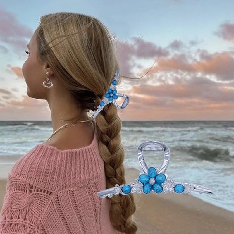 Dailyyart Large Large Metal Hair Claw Clips 4.5 In Silver Turquoise Stone Sun Flower Western Hair Claw for for Thin Thick Curly Hair (Flower)