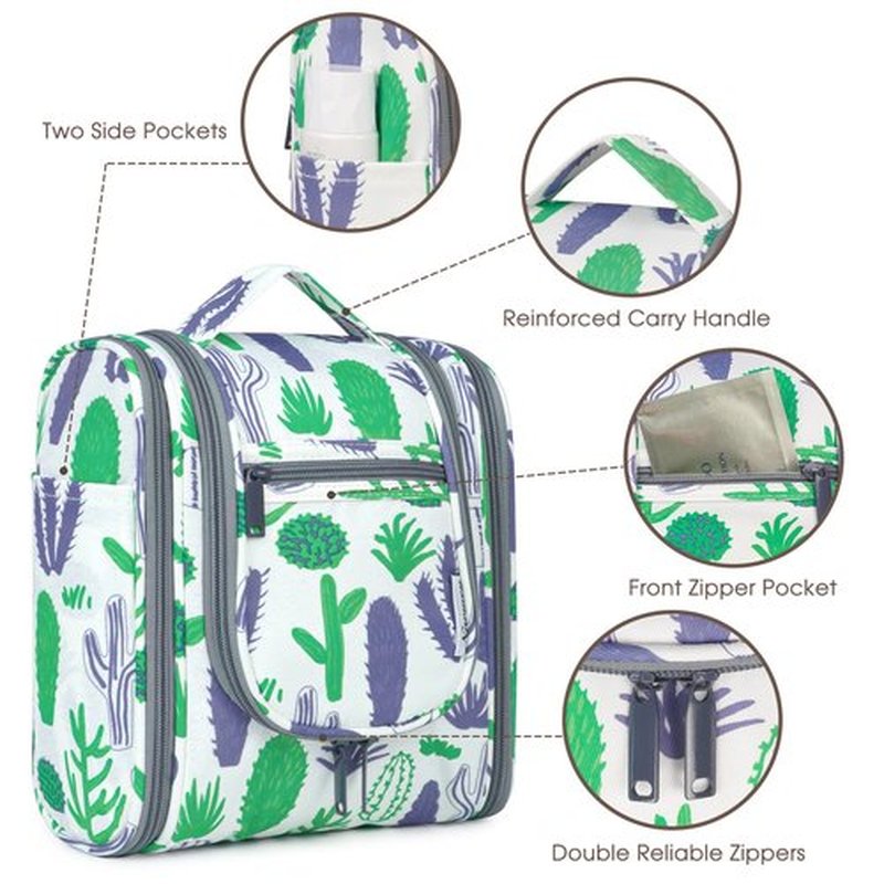 Narwey Small Hanging Toiletry Bag Women Travel Makeup Bag Organizer Toiletries Bag for Travel Size Essentials Accessories Cosmetics (Medium, Green Cactus)