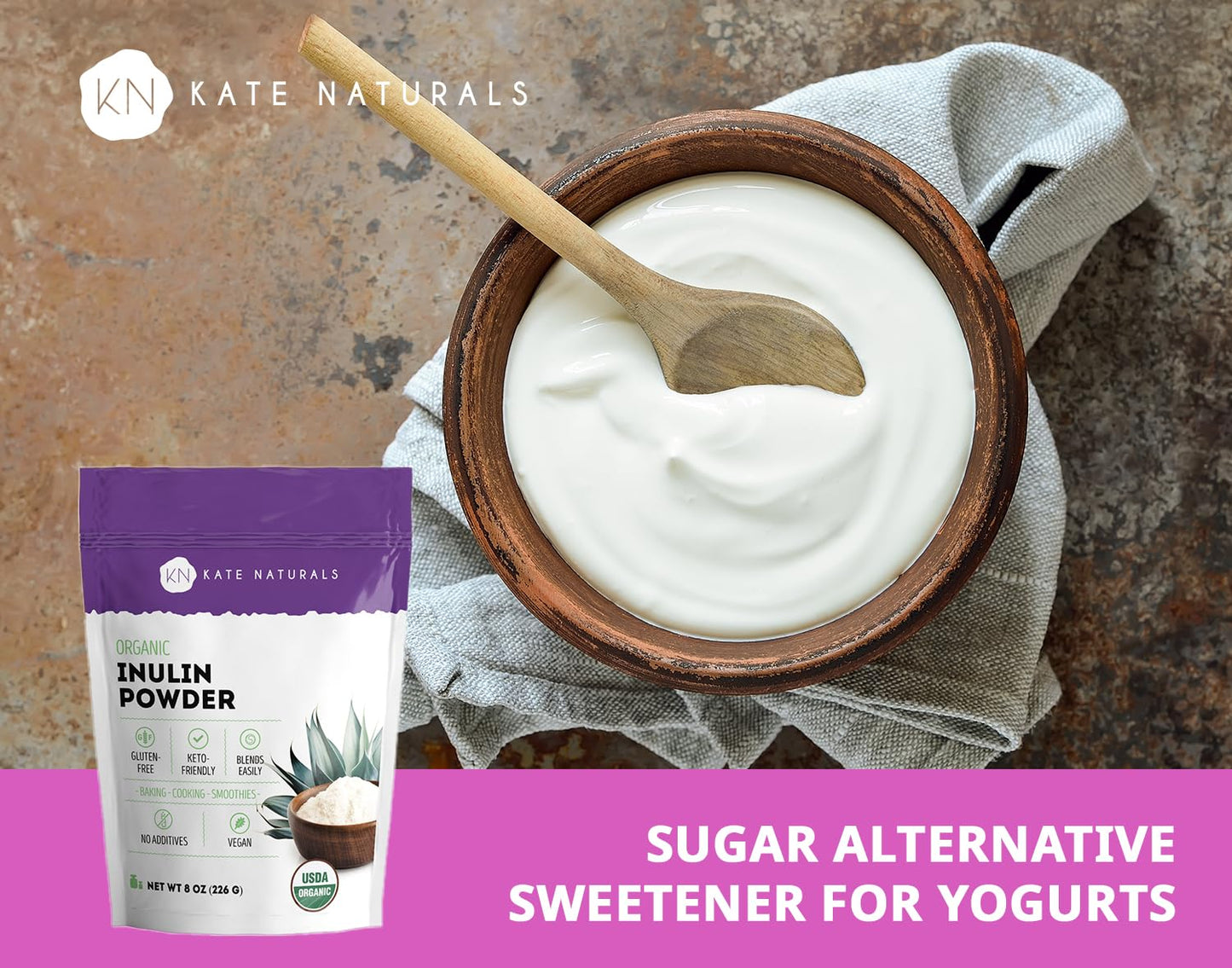 Kate Naturals Inulin Powder Organic from Blue Agave (8oz) Soluble Prebiotic Fiber for Coffee, Yogurt & Smoothies