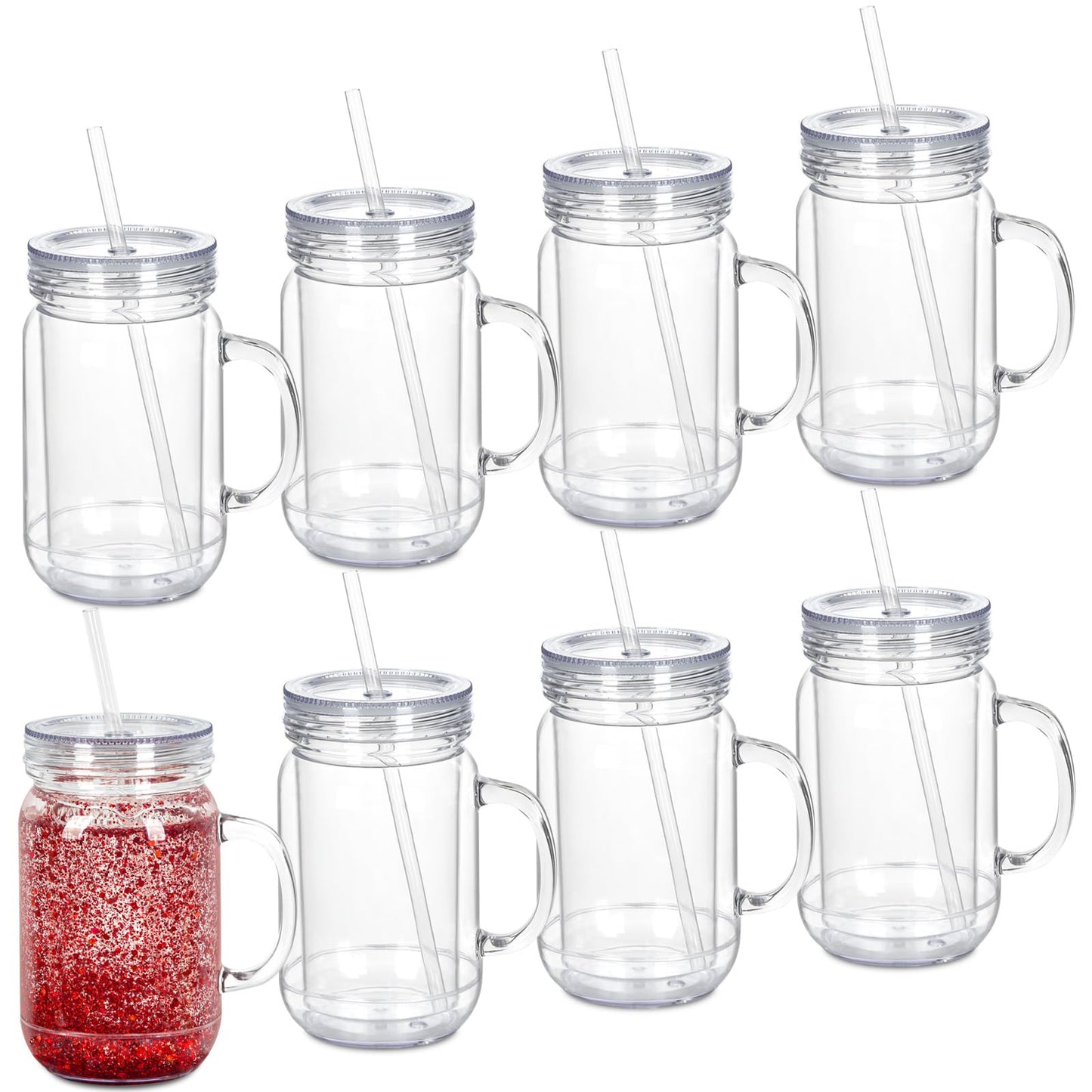 Micellwuu 20 Oz 8 Pack Acrylic Snowglobe Tumbler With Handle, Snow Globe Cups with Pre Drilled Hole, Double Wall Plastic Mason Jars with Handle for Snow Globe Glitter DIY (Clear)