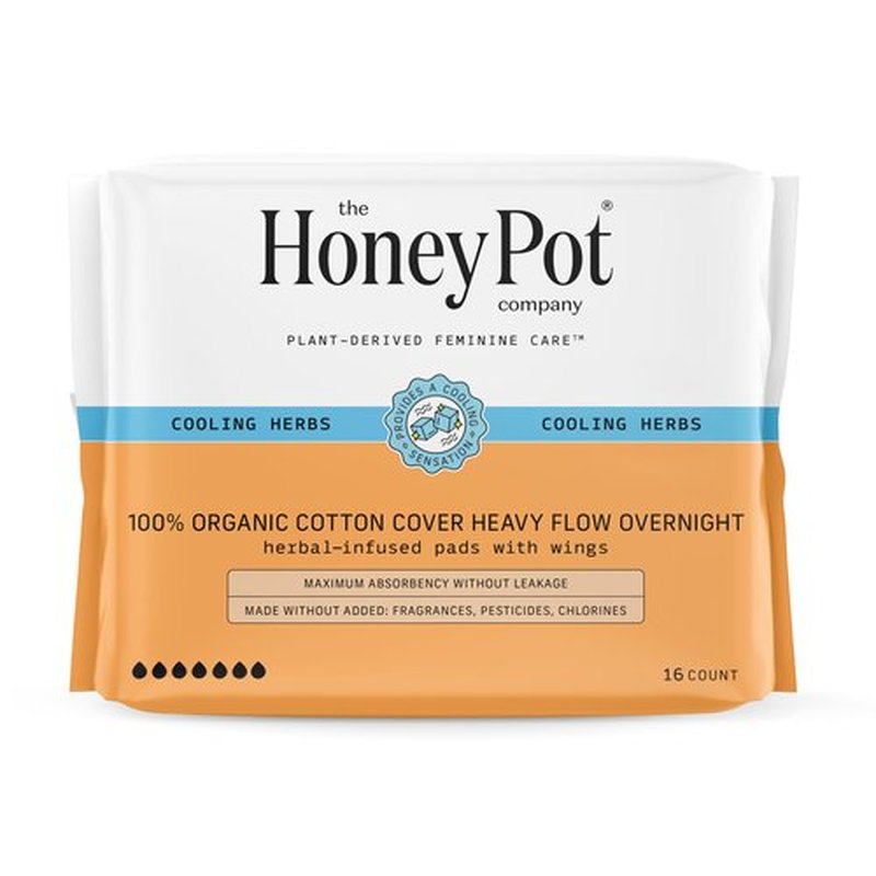 The Honey Pot Company - Herbal Pads for Women - Heavy Flow Overnight Pads w/Wings - Infused w/Essential Oils for Cooling Effect & Organic Cotton Cover - Sanitary Pads - Feminine Care - FSA - 16 ct