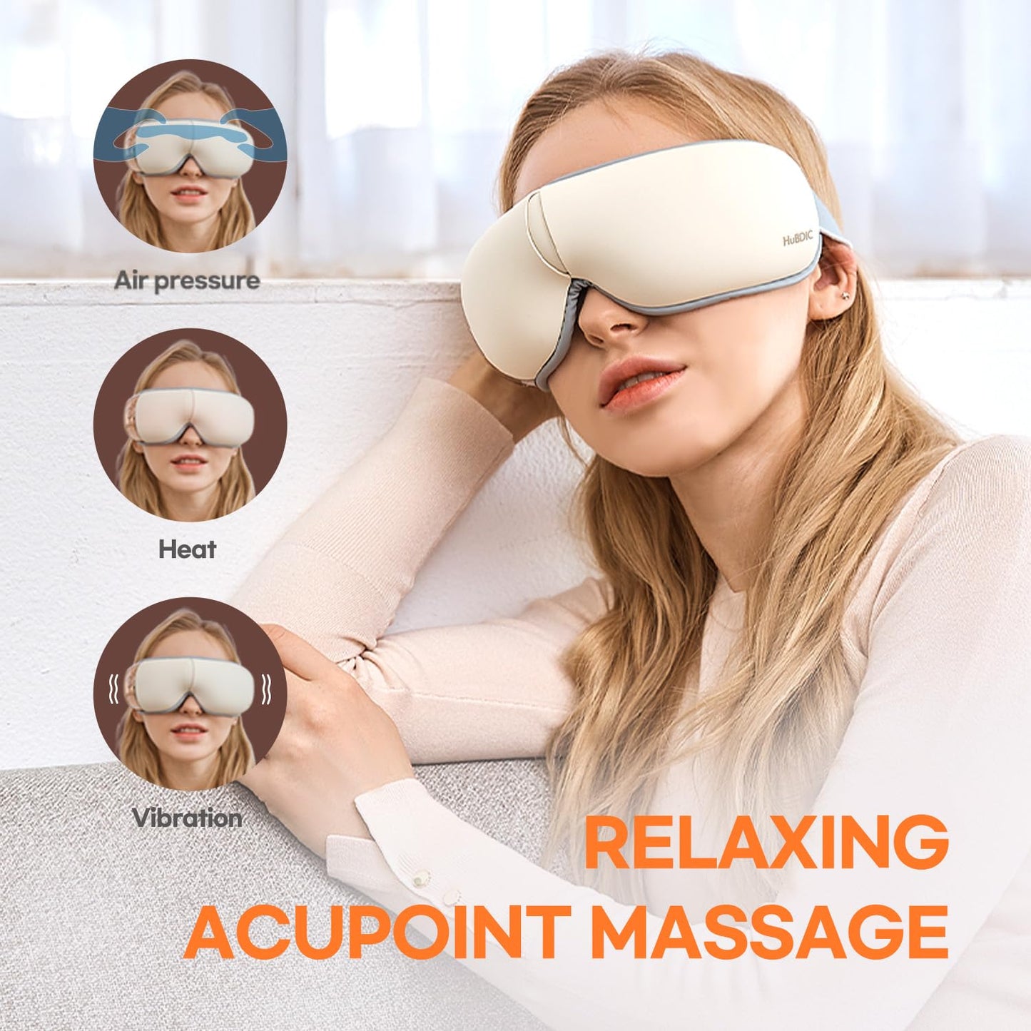 HuBDIC HubiCare Eye Massager with Heat, Heated Air Pressure Eye Mask for Migraines with Music, Smart Migraine Massager Reduce Dry Eyes Improve Sleep, Birthday Gifts for Women Men Mom Dad (Beige)