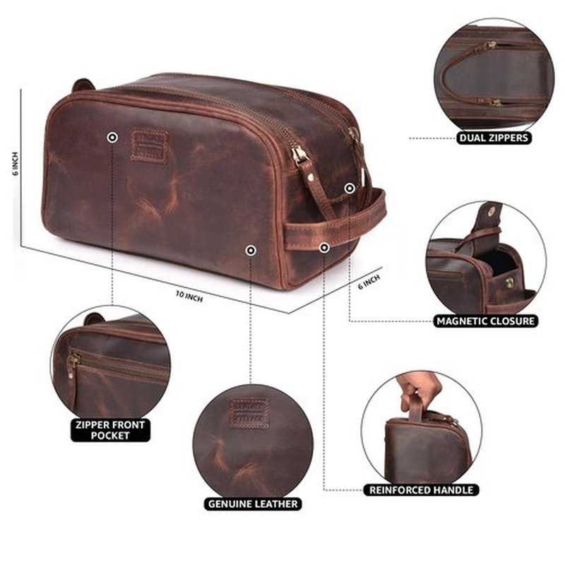LEATHER VILLAGE Premium Leather Toiletry Travel Pouch With Waterproof Lining - Dark Brown | King-Size Handcrafted Vintage Dopp Kit Bag
