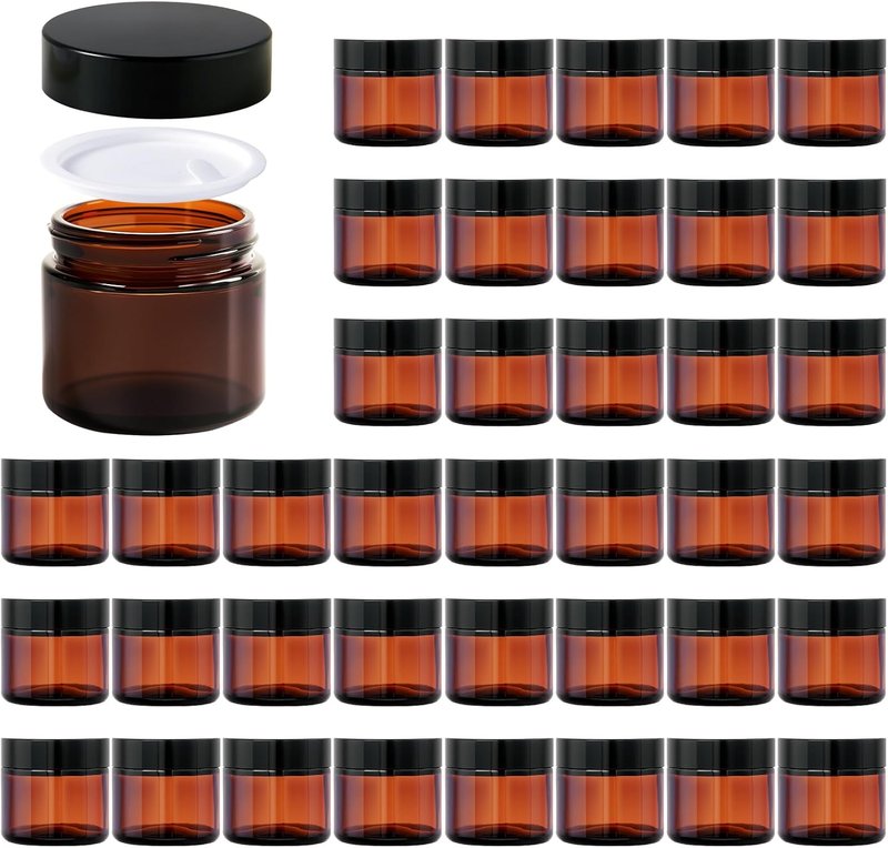 Amber Glass Jars - 2oz Round Airtight Cosmetic Containers | 40 Pack with Black Lids for Lotions & Powders
