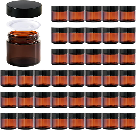 Amber Glass Jars - 2oz Round Airtight Cosmetic Containers | 40 Pack with Black Lids for Lotions & Powders