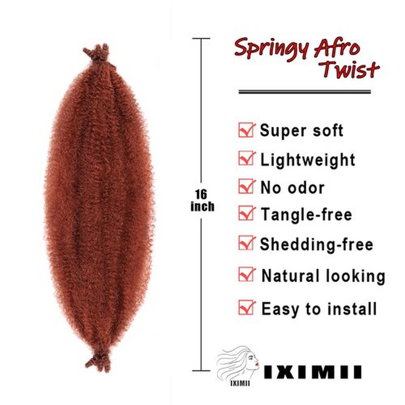 IXIMII 16 Inch Ginger Springy Afro Twist Hair 3 Packs #350 Pre-Separated Kinky Marley Twist Braiding Hair Soft Synthetic Crochet Hair Extensions for Spring Twists and Bomb Twists Style