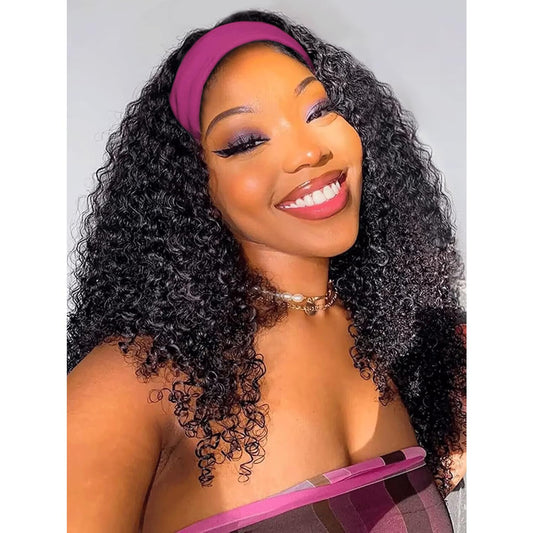 Woman's Romance Headband Wig Human Hair Wigs Kinky Curly Headband Wigs for Black Women Glueless Human hair Wig None Lace Front Wigs 180% Density Wear and Go Wig Natural Black Headband Wigs (28in)