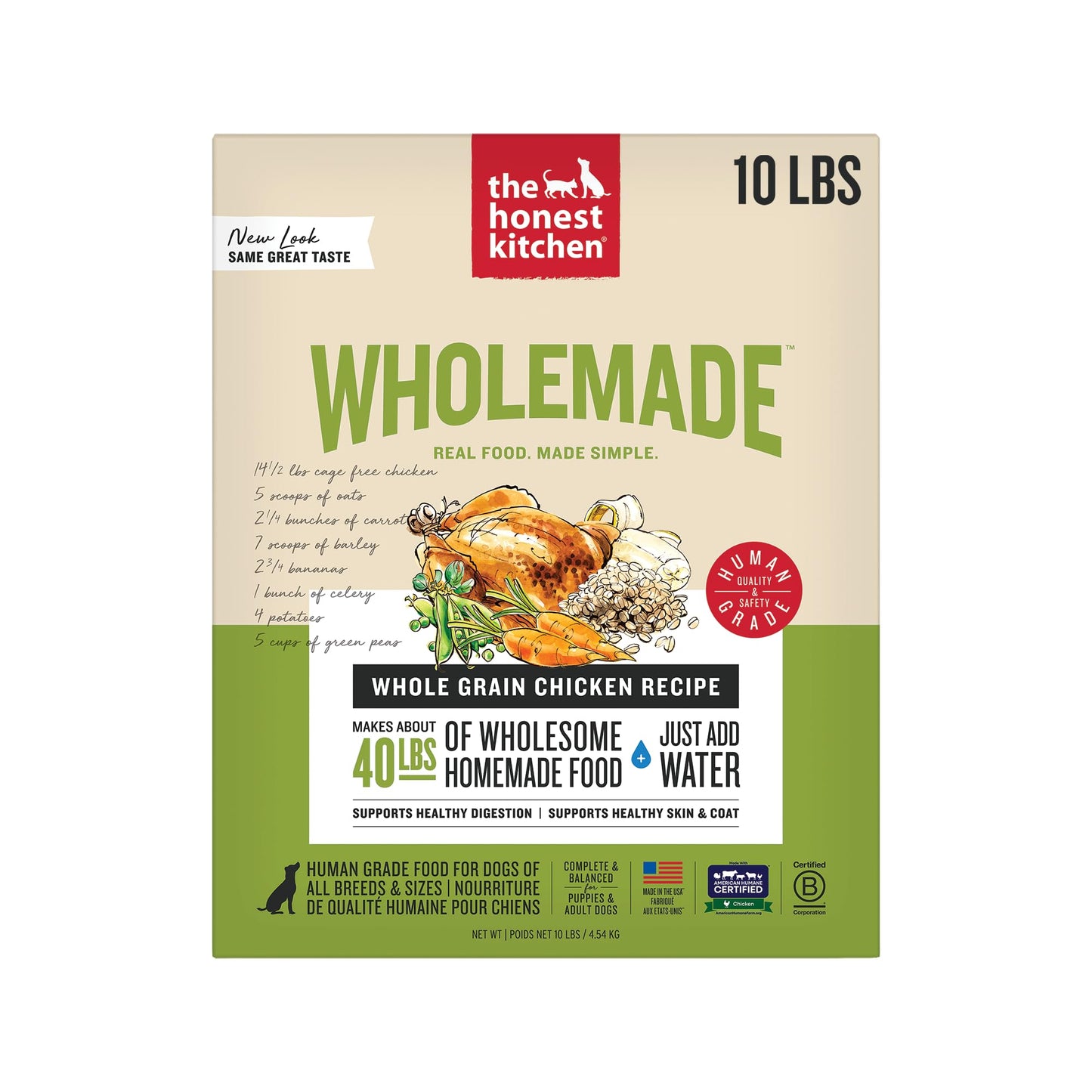 The Honest Kitchen Wholemade Whole Grain Chicken Recipe, Human Grade Dehydrated Dog Food, Just Add Water, Supports Digestion, Skin & Coat, Topper for Dry or Wet Dog Food, 10 lb Box Makes 40 lbs