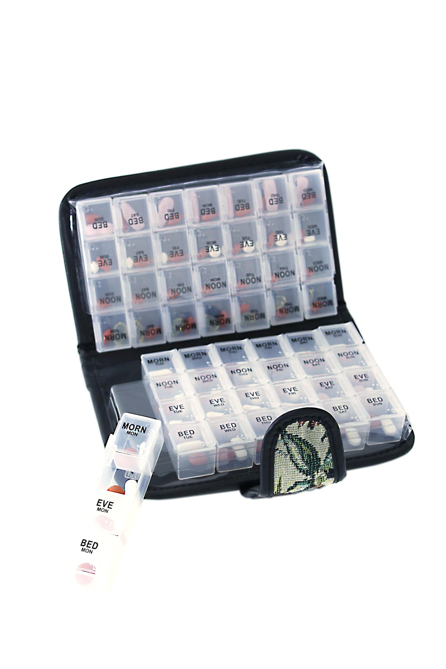 Floral Pill Case Box, 14 Day Pill Holder Pill Container & Medication Organizer, Travel Case - 4 Marked Compartments for Each Day of The Week - Morn, Noon, Eve, Bed