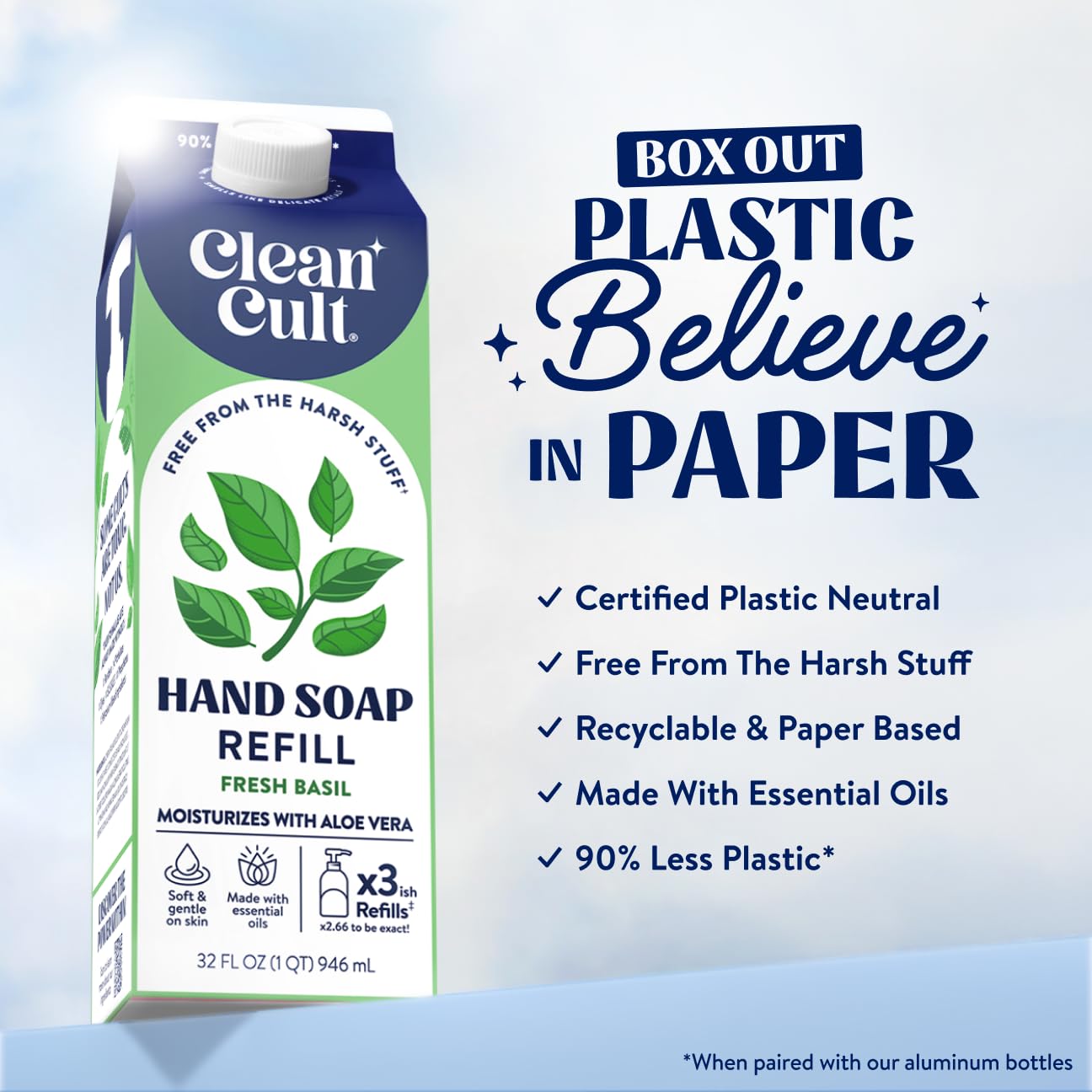 Cleancult Liquid Hand Soap Refill - Fresh Basil - Moisturizes Dry & Sensitive Skin - Made with Aloe Vera & Essential Oils - Eco Friendly - Paper-Based Packaging - 32 oz/2 Pack